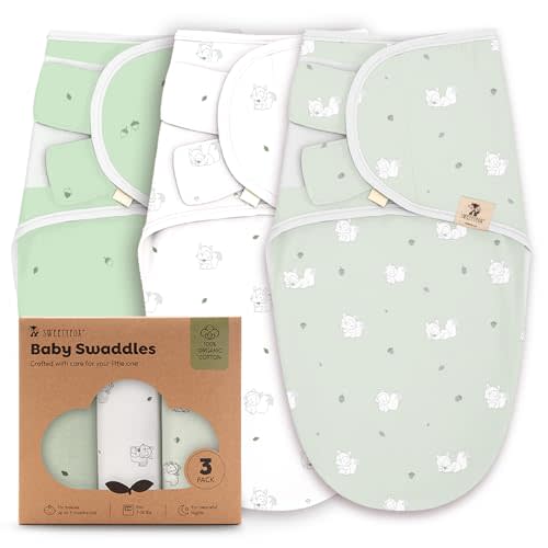 Sweety Fox 3-Pack Organic Baby Swaddle Sleep Sacks - Swaddles for Newborns, Infant 0-3 Months, Baby Girls, Boys, Soft & Snug Newborn Sleep Sack, Nursery Swaddling Blankets, Velcro Closure (Squirrel)
