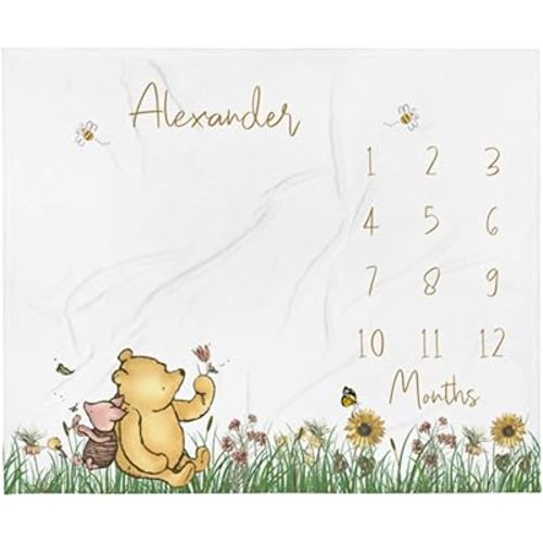 Classic Winnie Bear Baby Milestone Blanket Boy, Pooh Baby Month Blanket Girl, First Year Calendar Monthly Growth Chart, Personalized Name Newborn Photo Mat, Baby Boy Shower Gift (Various Sizes)
