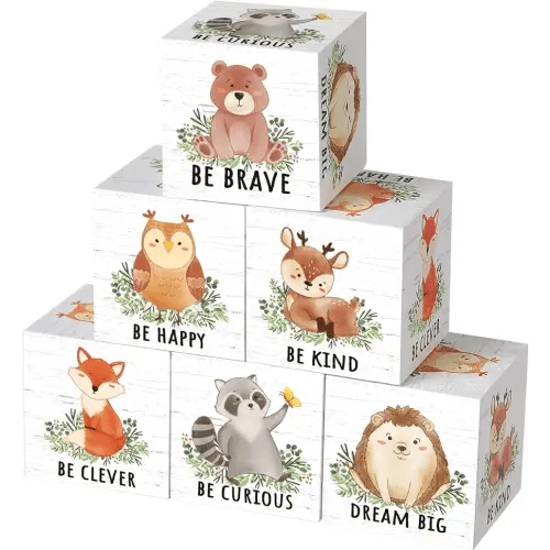 6 Pcs Inspirational Animal Nursery Decor Wooden Forest Animals Bear Raccoon Fox Lion and Monkey Decor Blocks Woodland Table Decor Safari Creatures Decor, 1.6 Inch (Woodland)