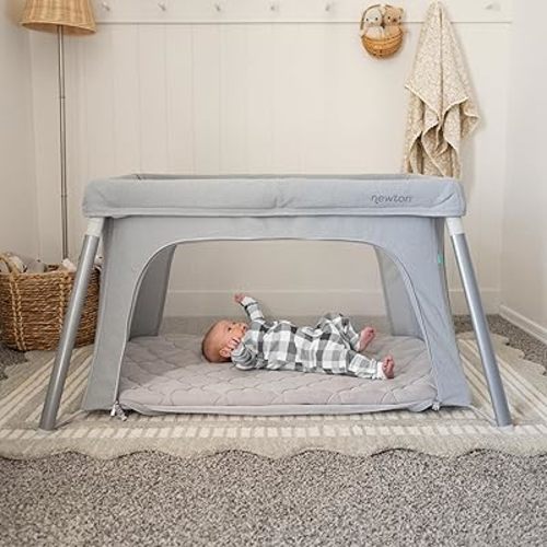 Newton Baby Compact Travel Crib & Play Yard | Breathable & Washable Mattress, Foldable Carry-On Size, Backpack Straps, Gray, Newton Bassinet Attachment NOT Compatible
