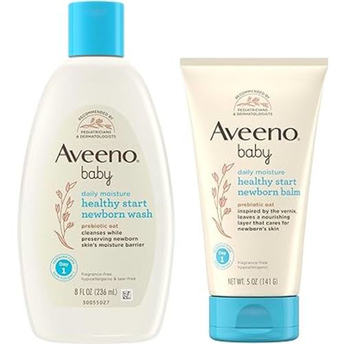 Bundle of Aveeno Baby Healthy Start Newborn Wash, Hypoallergenic Baby Body Wash with Prebiotic Oat, Fragrance-Free, 8 fl. oz + Newborn Balm, Baby Skin Balm with Prebiotic Oat , Fragrance-Free, 5 oz
