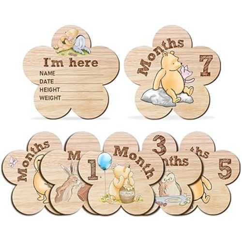 7Pcs Winnie Baby Monthly Milestone Sign, Baby Stuff for Baby Shower, Double-Sided Printing Months Baby Milestone Wooden Keepsake, Flower Shape Milestone Wooden Stuff for Documenting Growth