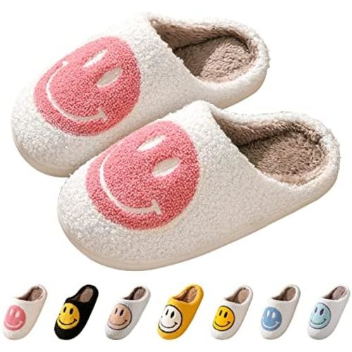 Smile Face Slippers for Women - Soft Plush Retro Preppy Slip-on Comfortable Indoor/Outdoor Shoes