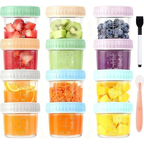 12 Pack Glass Baby Food Containers, 4 oz Leakproof Baby Food Jars with Lids, Reusable Small Purees Containers for Snack, Puree, Salad Dressing, Microwave Dishwasher Freezer Safe