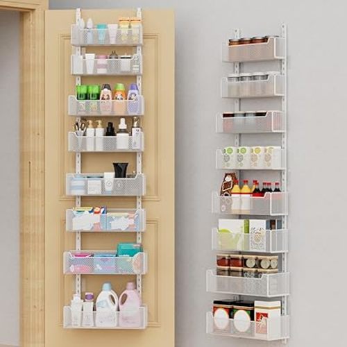Over The Door Organizer, 8-tier Metal Door Organizer Hanging with Adjustable Baskets, Behind The Door Storage for Bedroom Closet Bathroom Pantry Cabinet Kitchen, White