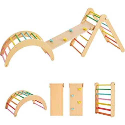 4 In 1 Pikler Triangle Gym, Montessori Foldable Climber with Ramp, Indoor for Kids, Climbing Triangle for Toddlers Arch Climber, Rocker, Learning Waldorf Children Toy Structure, Rainbow