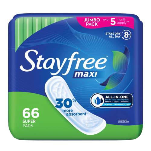 Stayfree Maxi Super Pads Wingless, Unscented, 66 Ct, Absorbs 30% More, Multi-Fluid Absorption, Comfortably Dry for up to 8 Hours HSA/FSA Eligible
