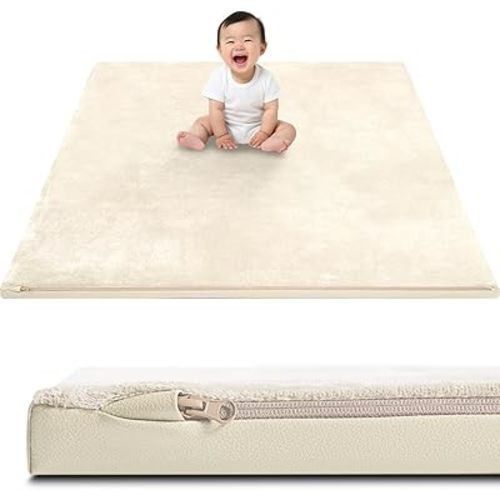 Baby Play Mat for Floor 50x50 – Reversible Vegan Leather & Velvet Playpen Mat, Extra Thick Foam, Waterproof Crawling Mat, Easy Wipe-Clean Floor Mat for Infants and Toddlers, Beige