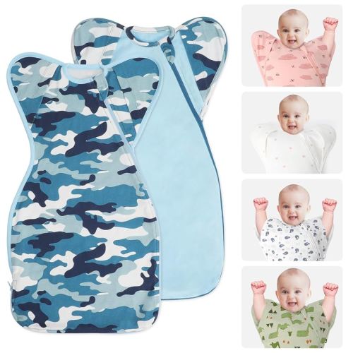 Swaddle Blanket Sleep Sack with Arms Up Design 2 Packs, Hands Up Sleeping Sack 3-Way Transitions to Arms-Free Wearable Sleeping Bag for Newborn Baby Boys Girls Snug Fit Calms Startle Reflex