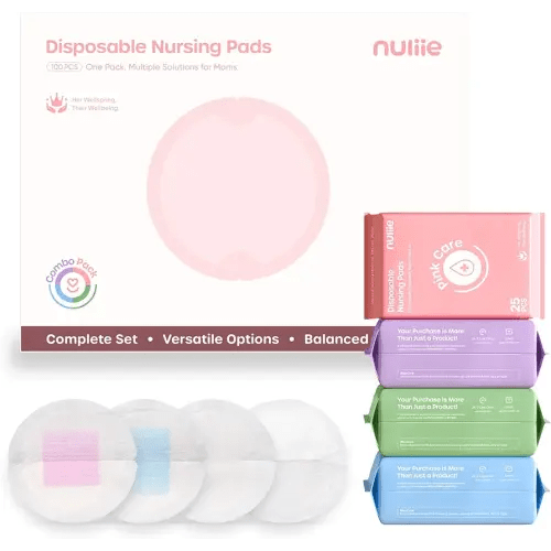 Nuliie Disposable Nursing Pads 4-in-1 Variety Pack, 100 Count Mixed Breast Pads for Leaking Milk, Air-Fit Daily, Bamboo Breathable, Blue Core High-Absorbency, Pink Core Skin-Friendly, Find Your Match