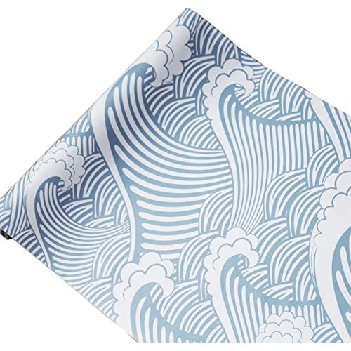 Cute Sea Waves Adhesive Shelf Liner Peel & Stick Dresser Drawer Sticker Cabinet Sticker Furniture Contact Paper, 17.7 Inch by 9.8 Feet