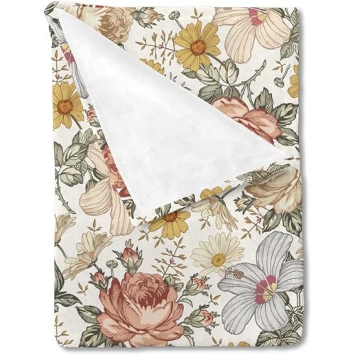 HawSkgFub Boho Retro Peony Floral Baby Blanket for Girls Gift, Beige Bohemia Daisy Flower Flannel Fleece Nursery Bed Blankets, Vintage Soft Lightweight Newborn Infant Kids Toddler Bedding 30 x 40