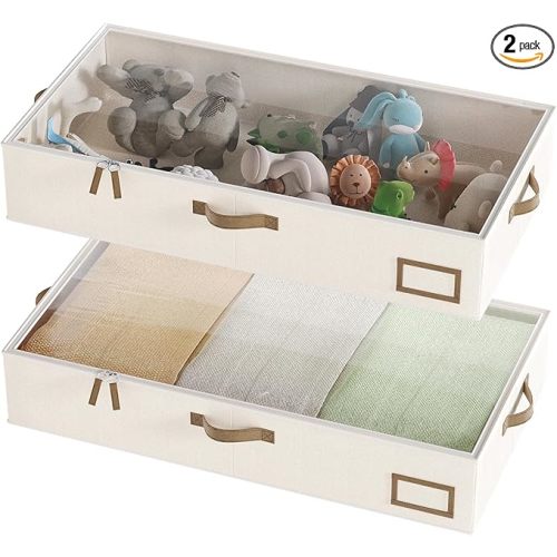 Under Bed Storage Containers, 2-Pack Underbed Storage Box, Collapsible Clothes Storage Bins with Handles and Lid, Medium Under Bed Organizers for Shoe, Blanket, Toy, Pillow, Sheet, Beige