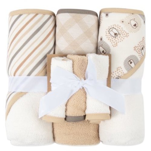 Baby Essentials Teddy Bears & Stripes 100% Polyester Towels & Washcloths, Peach, 6 Count