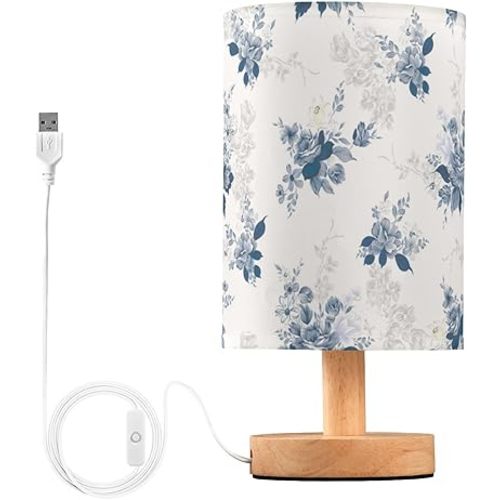 Yuiboo Nightstand Lamps Teal Flowers Farmhouse Blue Small Bedroom Lamps Burlap Table Lamps for Girls Home Office para