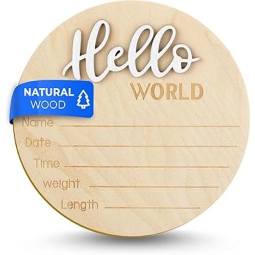 Wooden Baby Announcement Sign, 5.9 Inch Hello World Newborn Welcome Sign Birth Baby Name Plaques for Photo Props (white)