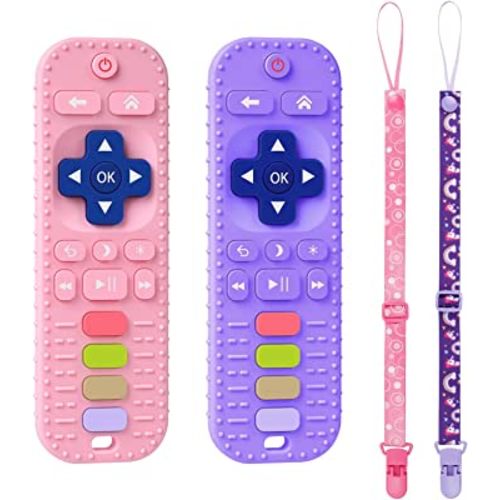 Aolso Silicone Baby Teething Toys, 2PCS Remote Control Shape Teething Toys,Teething Toys with 2PCS Pacifier Clip,Babies Chew Toys for BPA Free,3 Months+ Baby Teethers Soothe Toys(Pink&Purple)