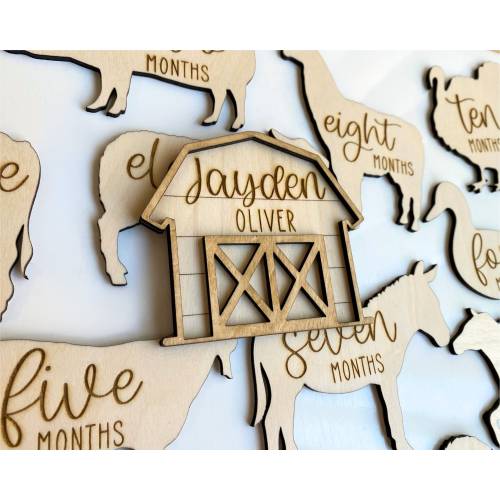 Baby Monthly Milestone Markers with Farm Animal Theme, Unique Wooden Barnyard Nursery Milestone Set, Rustic Baby Shower Personalized Gift