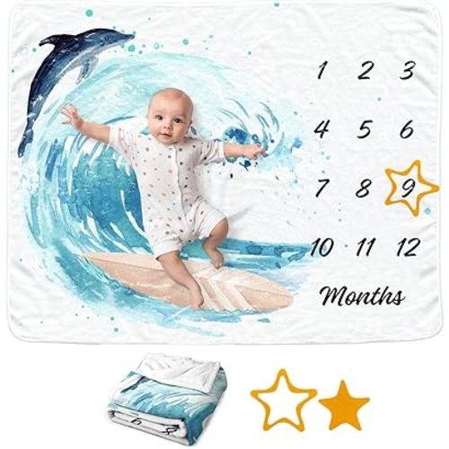 Ocean Baby Monthly Blanket for Boys, Surfing Newborn Month Blanket, SportSoft Flannel Photography Background Prop, Sport Personalized Shower Gift, Surfing Dolphin Wave