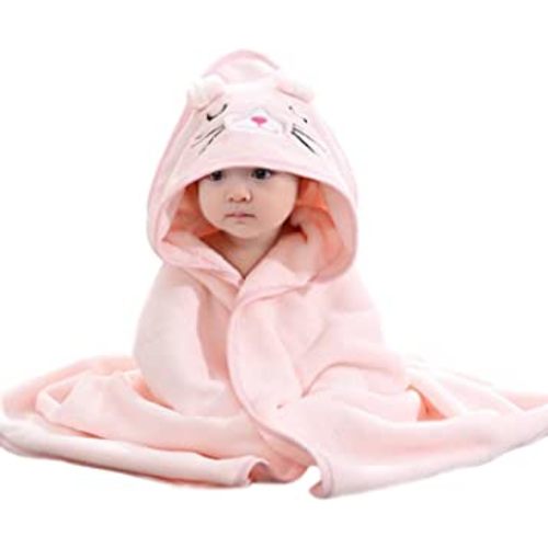 Flannel Fleece Animal Hooded Soft Children's Hooded Cloak Cartoon Baby Coral Fleece Kids Bath Towel (Pink)