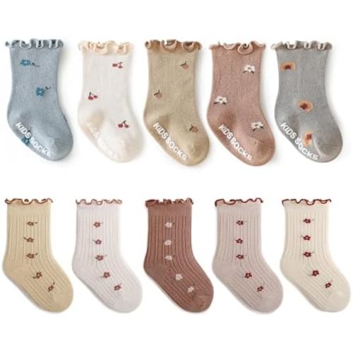 Baby Girls Toddler Socks Organic Cotton Socks Floral Pattern with Non-Skid Gripper for Fall Spring and Summer