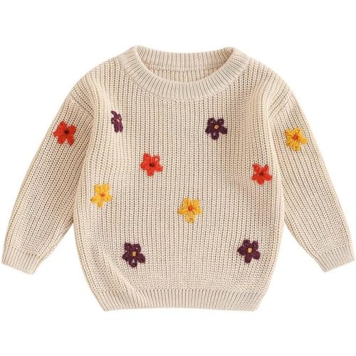 Infant Toddler Baby Girl Knit Sweater Long Sleeve Floral Embroidery Pullover Sweatshirt Warm Fall Winter Clothes