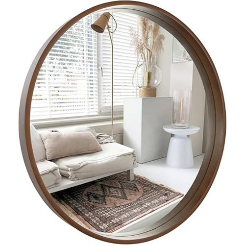 HOMECOOKIN Round Wood Mirror, 24" Round Bathroom Wall Mirror Circle Mirrors for Wall Decor, Vanity, Living Room, Bedroom, Entryway