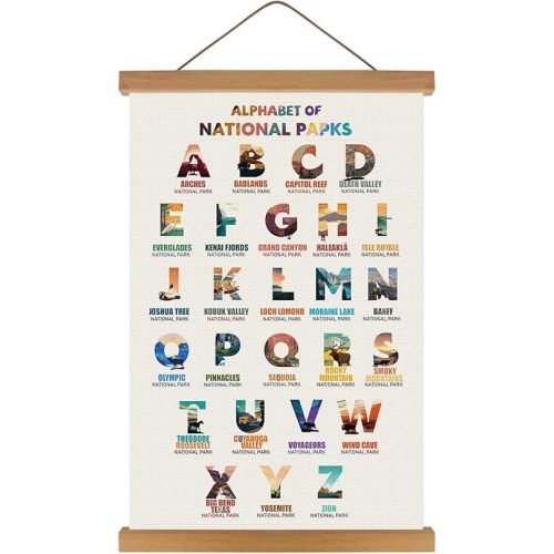 KARINE National Parks Alphabet Poster,Nature Scenery ABC Canvas Wall Decor,Travel Themed Wall Art with Wood Magnetic Poster Hanging Frame(14”X22”) Scenery Alphabet Chart Gift for Traveler Home Decor