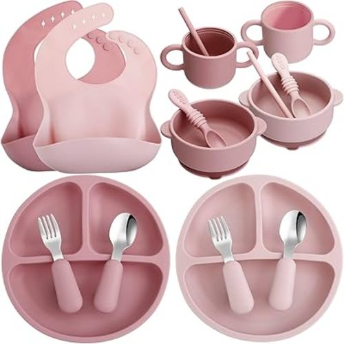16 Pcs Baby Led Weaning Supplies Silicone Baby Feeding Set Baby Plates with Suction Baby Utensils with Divided Adjustable Bib Bowl Cutlery Snack Cup Spoons Straw 6 Months+ (Dark Pink, Dusty Pink)