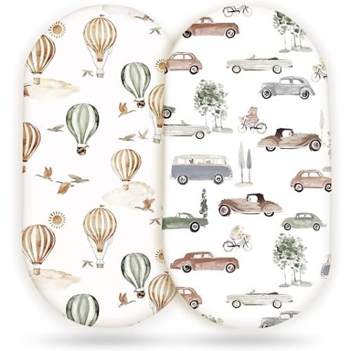 GRSSDER Stretchy Ultra Soft Fitted Bassinet Sheet Set 2 Pack, Universal Fitted for Bassinets Baby Cradle Moses Basket Oval Rectangle Mattress Safe and Snug, Neutral Pattern of Cars Print