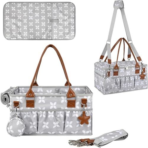 Moteph Diaper Caddy with Changing Mat, Large Baby Diaper Caddy Organizer with Lid, Portable Organizer Basket for Nursery and Car, Shoulder Strap and Pacifier Organizer