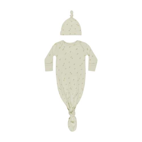 knotted baby gown + hat set in apples