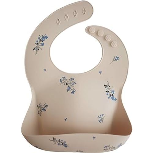 mushie Silicone Baby Bib | Adjustable Fit Waterproof Bibs (Lilac Flowers)