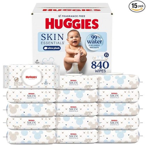 Huggies Skin Essentials Baby Wipes, Hypoallergenic, 99% Water, 15 Flip Top Packs (840 Wipes Total)