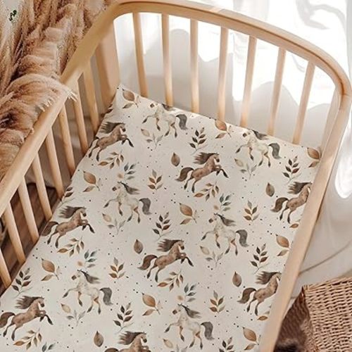 Farm Animals Horses Leaves Crib Sheets, Cute Horses Pattern Baby Fitted Crib Sheet for Standard Crib and Toddler Mattress, Unisex Horses Animals Baby Bedding Mattress Sheet for Baby Boys Girls-28*52