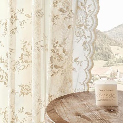 Beige Lace Curtains 72 Inch Length Victorian Floral Sheer Curtains for Living Room Bedroom Decor Drapes Rod Pocket Light Filtering French Window Curtains 2 Panels set for Dining Room Kitchen, 52x72