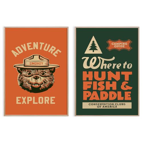Outdoors Art Poster Nursery Wall Art Vintage Animal Wall Art Decor Retro Camping Prints Set of 2 Unframed 16x24 Inch for Rustic Wall Decor for Cabin Garage or Hunting Lodge Kids Room Office Cave Decor