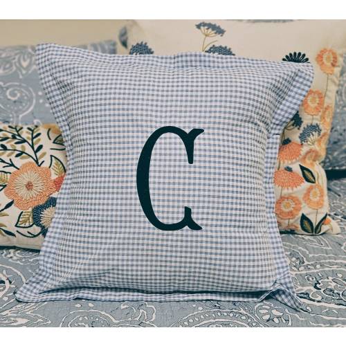 Light Blue Cotton Seersucker Gingham Pillow Cover For Nursery, Bedroom, Livingroom, Blue and White Monogrammed Pillow Cover