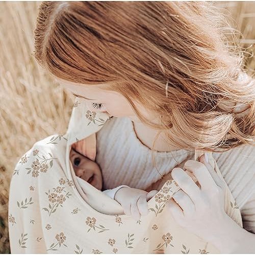 Konssy Muslin Nursing Cover for Baby Breastfeeding, Breathable 100% Cotton Breastfeeding Cover with Rigid Hoop for Mother Nursing Apron, Multi-use Carseat Canopy (Blossom)