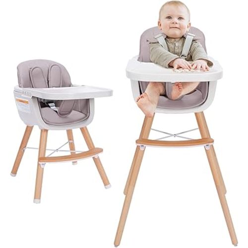 3-in-1 Convertible Wooden High Chair, High Chairs for Babies and Toddlers, Baby High Chair with Adjustable Legs & Dishwasher Safe Tray, Made of Sleek Hardwood & Premium Leatherette, Pink Color