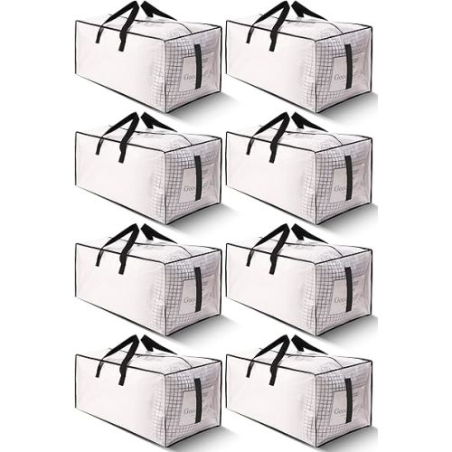 8 Pack Large Strong Moving Bags with Zippers & Carrying Handles - Water-Resistant - Heavy Duty Storage Tote for Space Saving, Fold Flat, Alternative to Moving Box (Semi-Transparent)