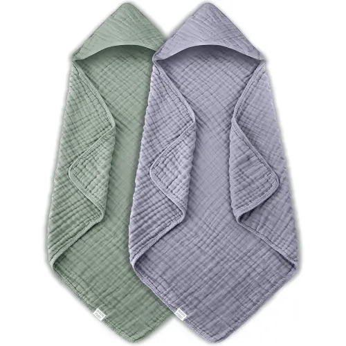 MOON PARK 2 Pack Muslin Hooded Baby Bath Towels for Newborns, Infants, Toddlers - 100% Cotton - Large 32x32Inch Size - Highly Absorbent and Essential, Green and Grey