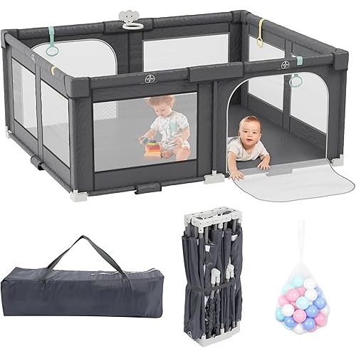 Xilingol 72" X 59" Foldable Playpen, Potable Baby Play Yard with Carry Bag, Baby Gate Playpen with Anti-Slip Suckers & Zipper Gates, Baby Fence Play Area with 4 Handlers & 50 Ocean Balls(Grey)