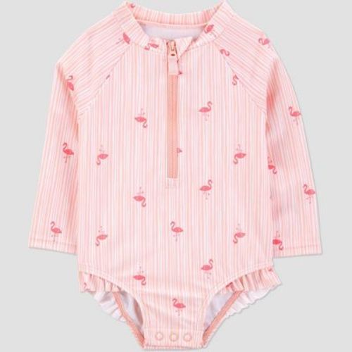 Carter's Just One You®️ Baby Girls' Long Sleeve Flamingo Printed Striped One Piece Rash Guard - Pink 9m