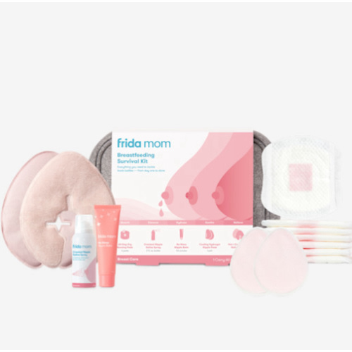 Frida Mom Breastfeeding Survival Kit for Nursing Moms, Reusable Hot+Cold Breast Relief Packs, Hydrogel Nipple Pads, Cracked Nipple Saline Spray, Nipple Balm, Nursing Pads, 13 Piece Gift Set