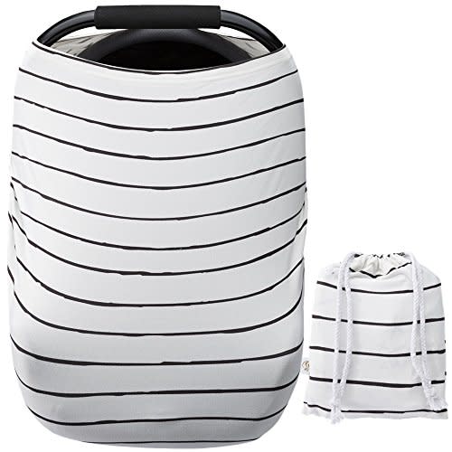 Car Seat Cover Baby – Multi-use Nursing Cover-Up for Breastfeeding, Carseat Canopy Cover, Stretchy Infant Stroller Covers for Boys and Girls (White with Black Stripes)