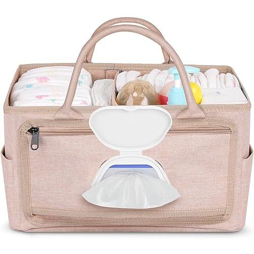 Diaper Caddy with Wipe Dispenser One-Handed Access, Premium Diaper Organizer, Portable Car Organizer Nursery Basket for Newborn Essentials, Perfect Registry Must Haves for Boys & Girls, Beige