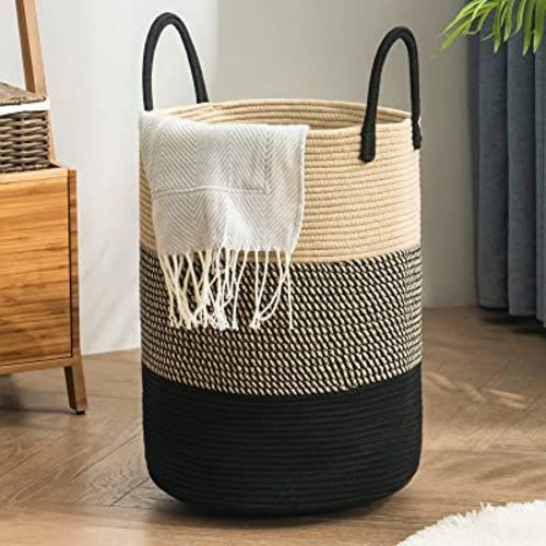 Woven Rope Laundry Hamper Basket, 58L Tall Laundry Basket for Blanket Organizer- Clothes Hamper for Bedroom Storage, Baby Kids Nursery Hamper-Large-Black & Brown