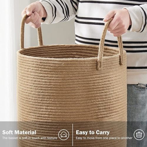Jute Rope Woven Laundry Hamper Basket by YOUDENOVA, 58L Tall Laundry Basket, Baby Nursery Hamper for Blanket Storage, Clothes Hamper for Laundry in Bedroom-Large-Jute - Tall (58L ) - Jute Brown