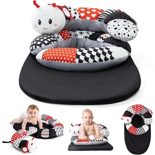 Koty Tummy Time Toys, 2-in-1 Black and White Caterpillar Tummy Time Mat & Seated Support Pillow, Baby Toys 0-6 Months, Sensory Play Developmental Newborn Baby Shower Birthday Gifts for Boys Girls